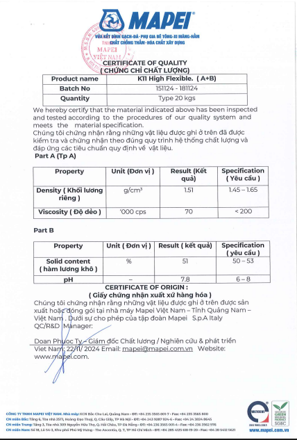 Chứng nhận sản phẩm chống thấm K11 High Flexible Waterproofing Slurry