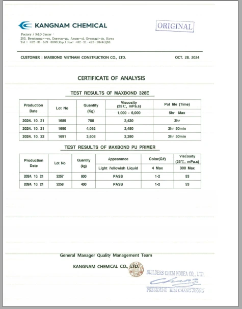 Chứng nhận chất lượng chống thấm đàn hồi gốc Polyurethane Maxbond 328E Chứng nhận chất lượng chống thấm đàn hồi gốc Polyurethane Maxbond 328E