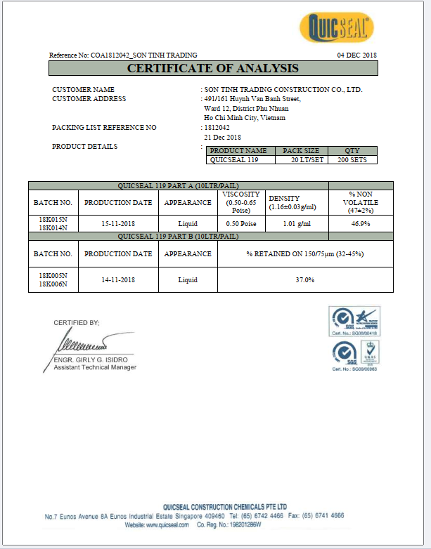 Chống thấm epoxy hai thành phần Quicseal 119