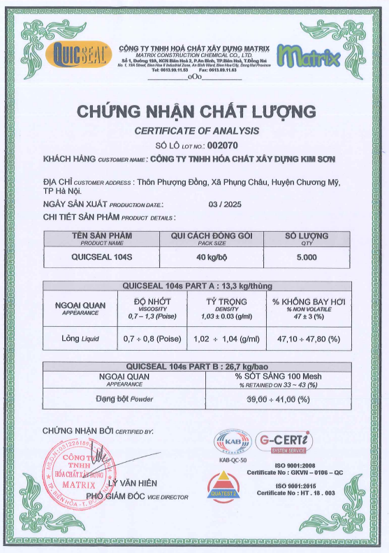 Chứng nhận chất lượng sản phẩm chống thấm Quicseal 104s